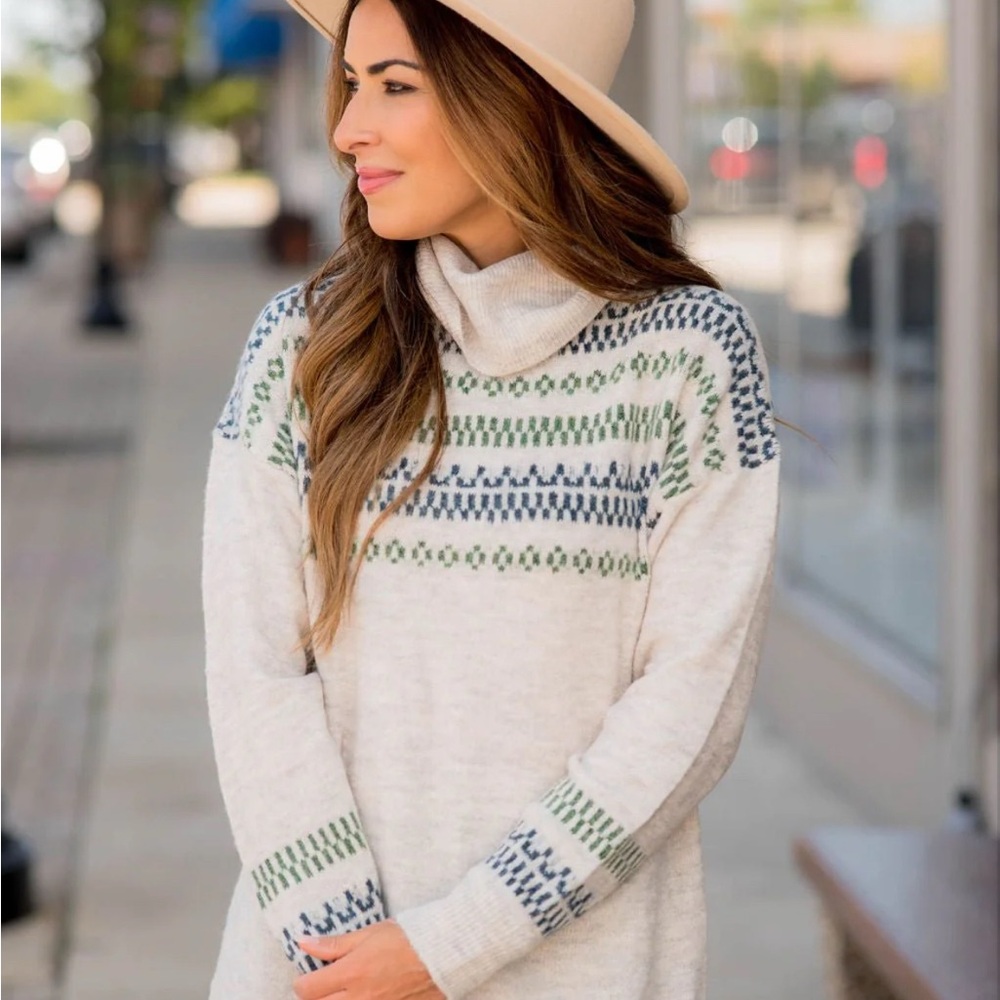 Staccato Cream and Green Cowl Neck Sweater with Nordic Pattern